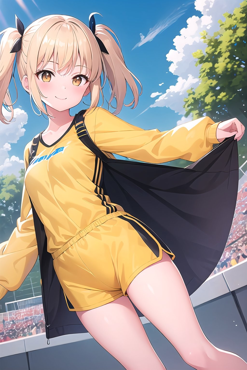 1girl,  two-tone hair blonde hair black hair, blonde hair, two side up,, {roots_(hair)} , bolt print, blush, brown eyes, yellow clothes, brown clothes, smile, striped, best quality, sports, shorts