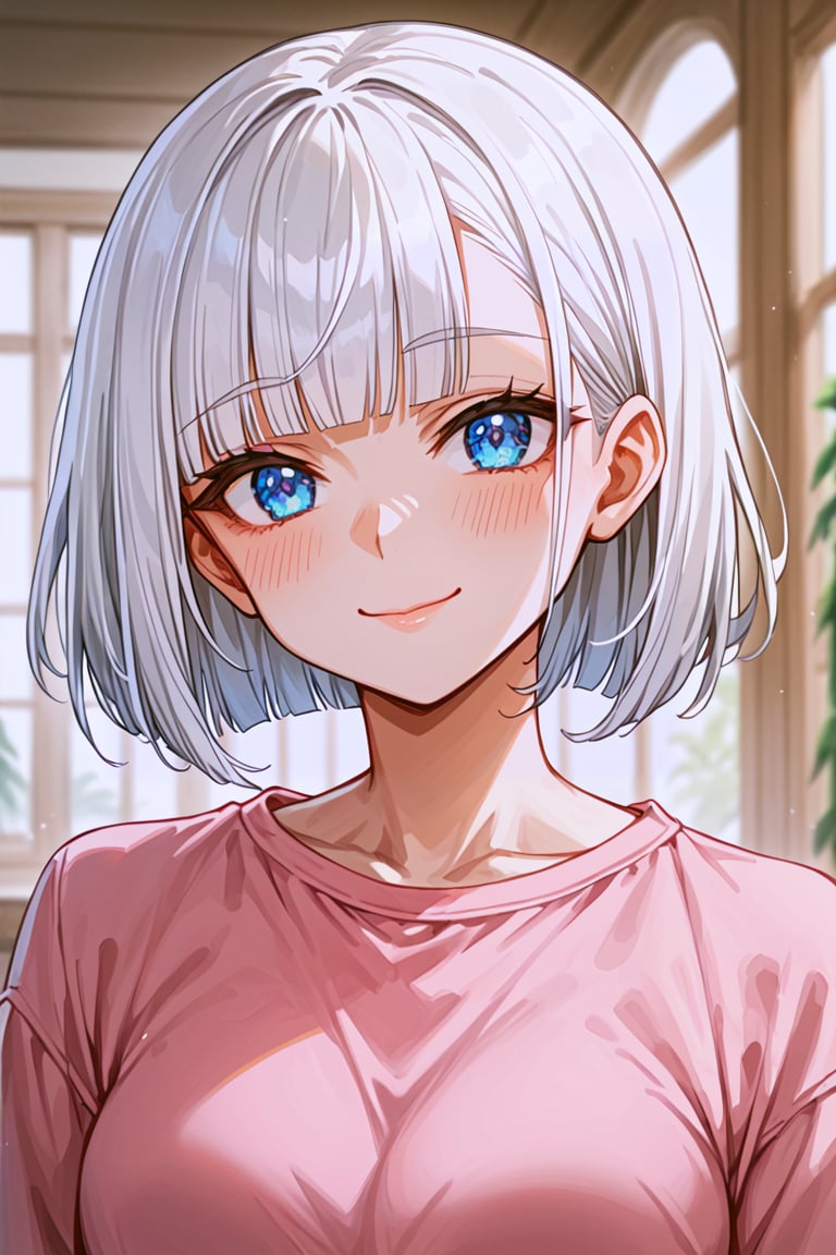 Score_9, Score_8_up, Score_7_up, Score_6_up, source_anime, best quality, 1girl, white hair, blunt ends, blunt bangs, medium hair, bobcut, beautiful detailed eyes, blue eyes, beautiful face, gentle smile, closed mouth, head tilt, pink shirt, soft light, upperbody, blush