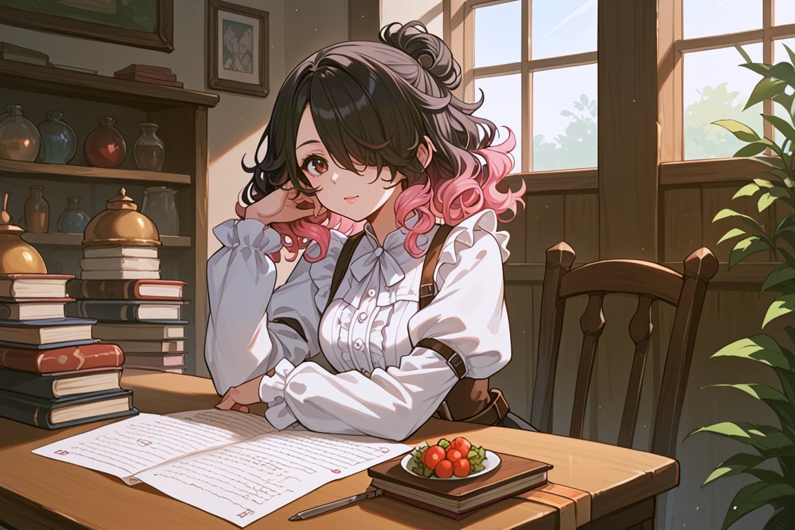 score_9, score_8_up, score_7_up, score_6_up, score_5_up, source_anime, 1girl, table, curly hair, gradient hair black hair, pink hair,  roots_(hair), hair over one eye, one eye covered, hair behind ear, white frilled shirt, masterpiece, best quality, puffy long sleeves, single hair bun, brown belt, sitting, medium hair, brown eyes, tabletop rpg, high hair bun