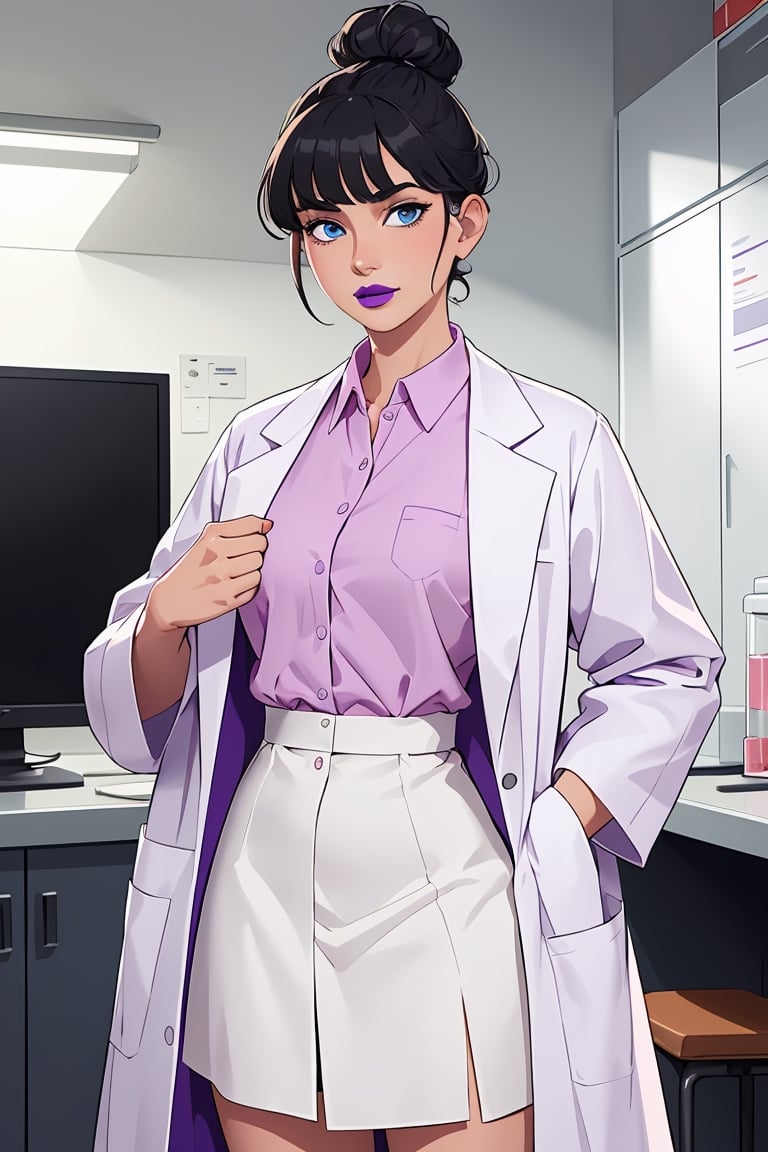 mature woman, 1girl, single hair bun, black hair, blue eyes, swept bangs, doctor, lab coat white coat, pink shirt, solo, standing, purple lipstick, cartoon, 2d