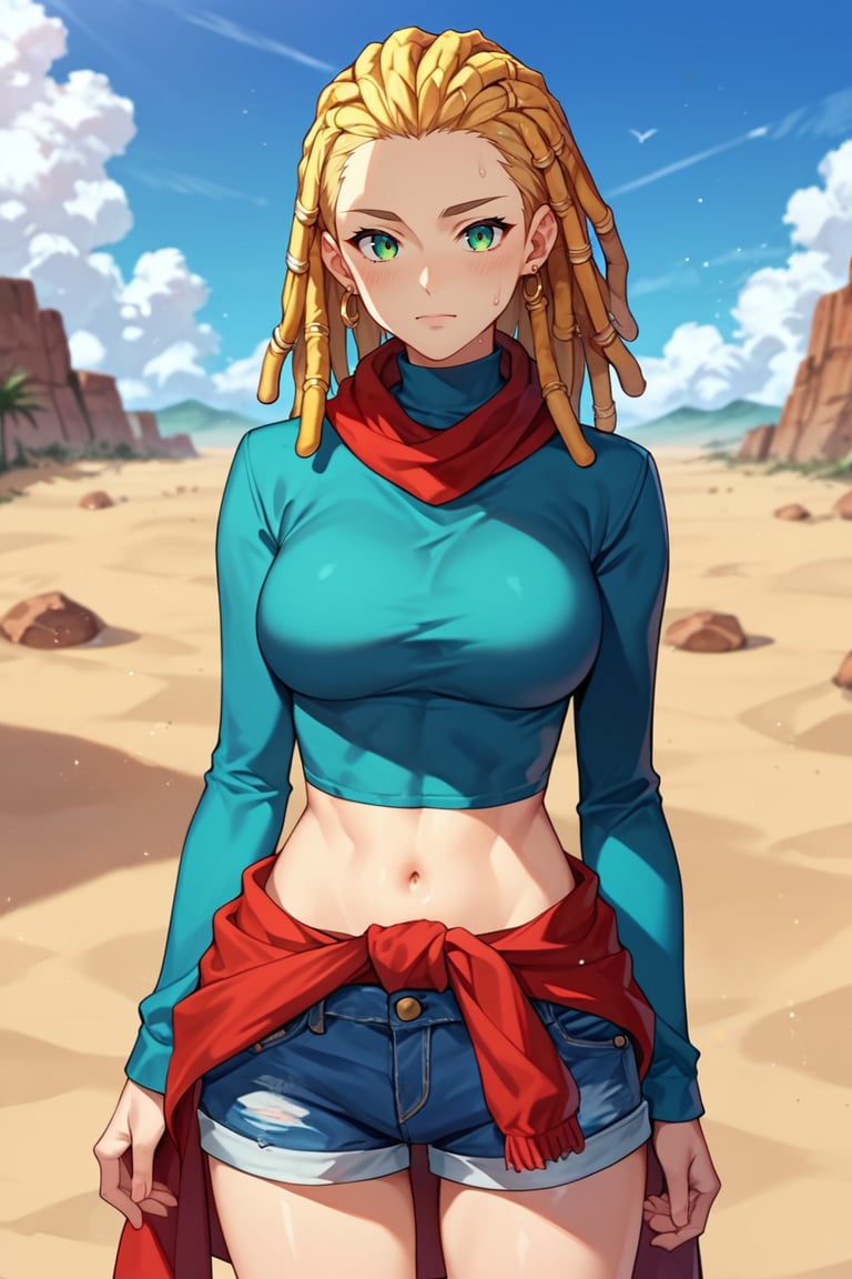 score_9, score_8_up, score_7_up, score_6_up, high quality, source_anime, by akira toriyama, BREAK, 1girl, blonde hair, (dreadlocks:1.3), forehead, red scarf, long sleeves, turtleneck sweater, dark blue sweater, midriff, denim shorts, green eyes, red clothes around waist,  cowboy shot, desert, outdoors, sand, day, looking at viewer, source_anime, solo, long hair