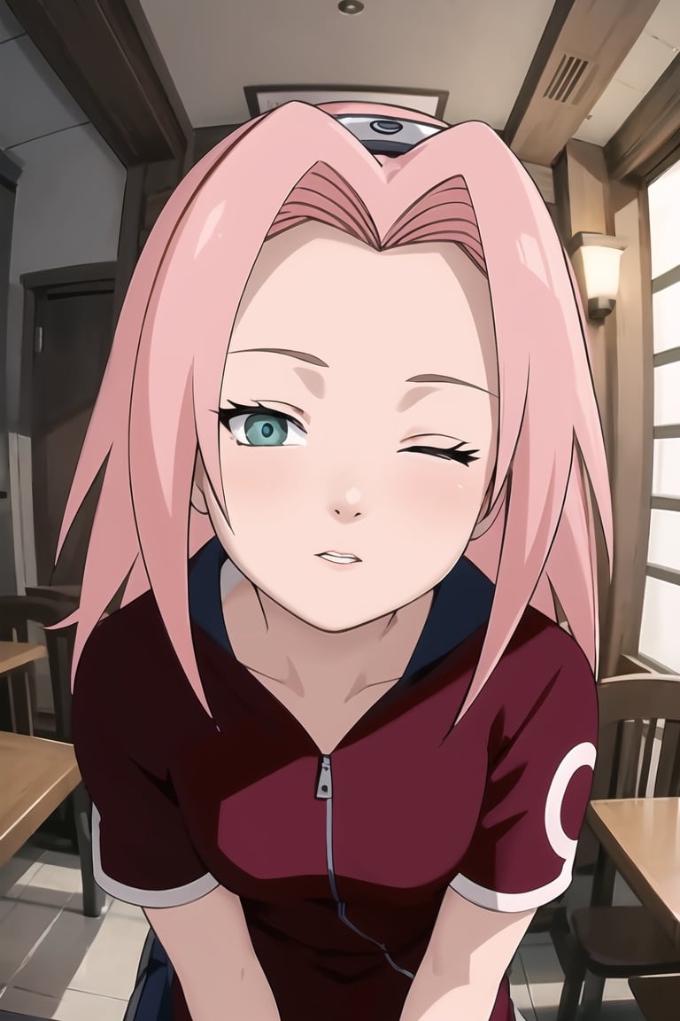 masterpiece, 1girl, (incoming_kiss), pov kiss, restaurant, close_up, short sleeves, beautiful, pink_hair, green_eyes, long_hair, perfect_eyes, indoors, cinematic lighting, haruno sakura, atmospheric, looking_at_viewer, forehead_protector, kissing_viewer, small_breasts,