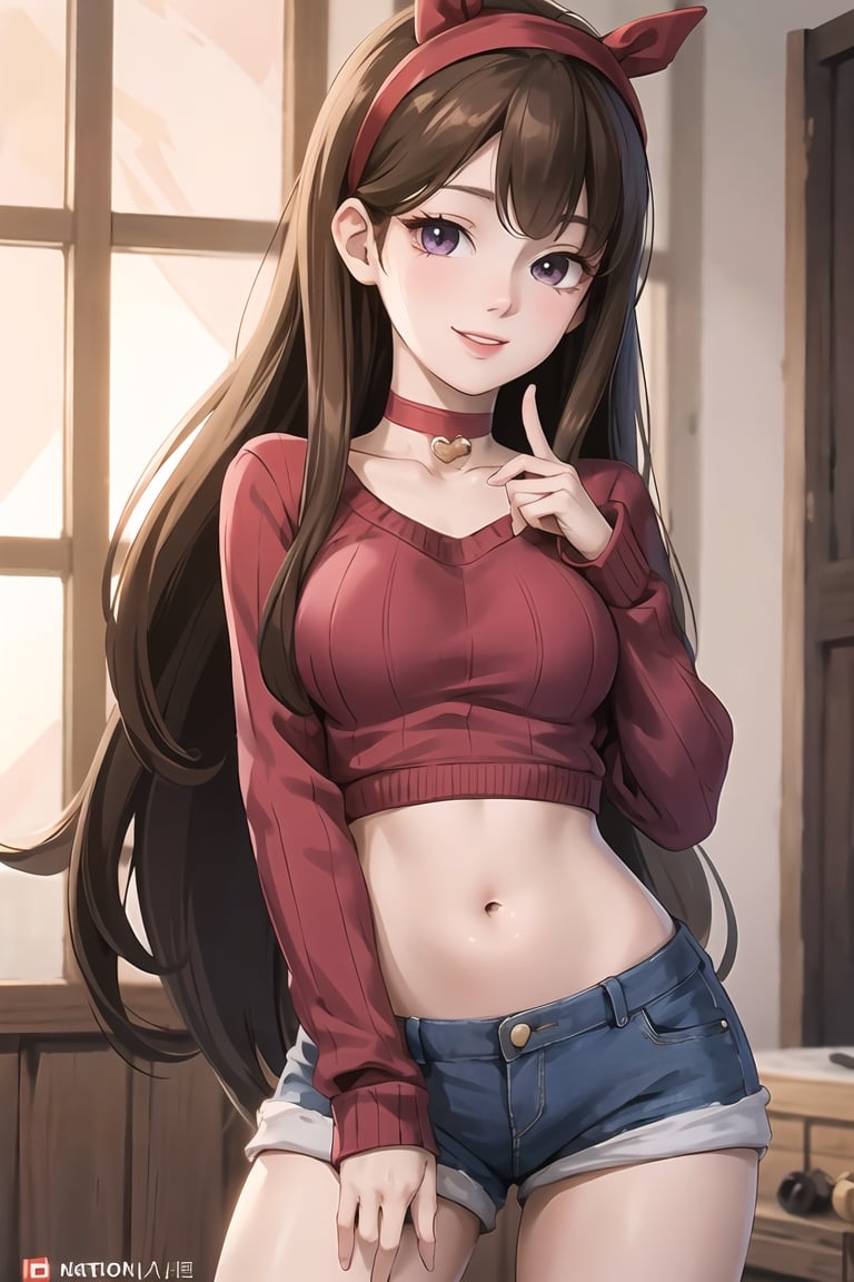 mabel pines, (masterpiece), (best_quality), sweater, cute, 1girl,  cable_knit, aran_sweater, blue_sweater, purple_sweater, standing, brown_hair, red_hairband, black_eyes, smile, very_long_hair, solo, hairband, heart_choker, shorts, cowboy_shot, ribbed_sweater, Mabel Pines