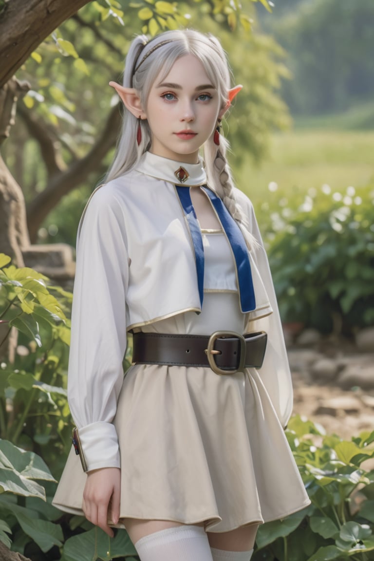 (Masterpiece, Best Quality, Photorealistic, High Resolution, 8K Raw), Frieren, Looking at Viewer, cowboy shot, 1Girl, Solo, Beautiful Young Girl, 16 Years Old, Short Hair, White Hair, grey hair, parted Bang, small breasts, blue eyes, white capelet, cute elf, twintails, black pantyhose, dangle earrings, standing, long sleeves, (garden background:1.3), tree, capelet, frieren, pointy ears, black belt, outdoors