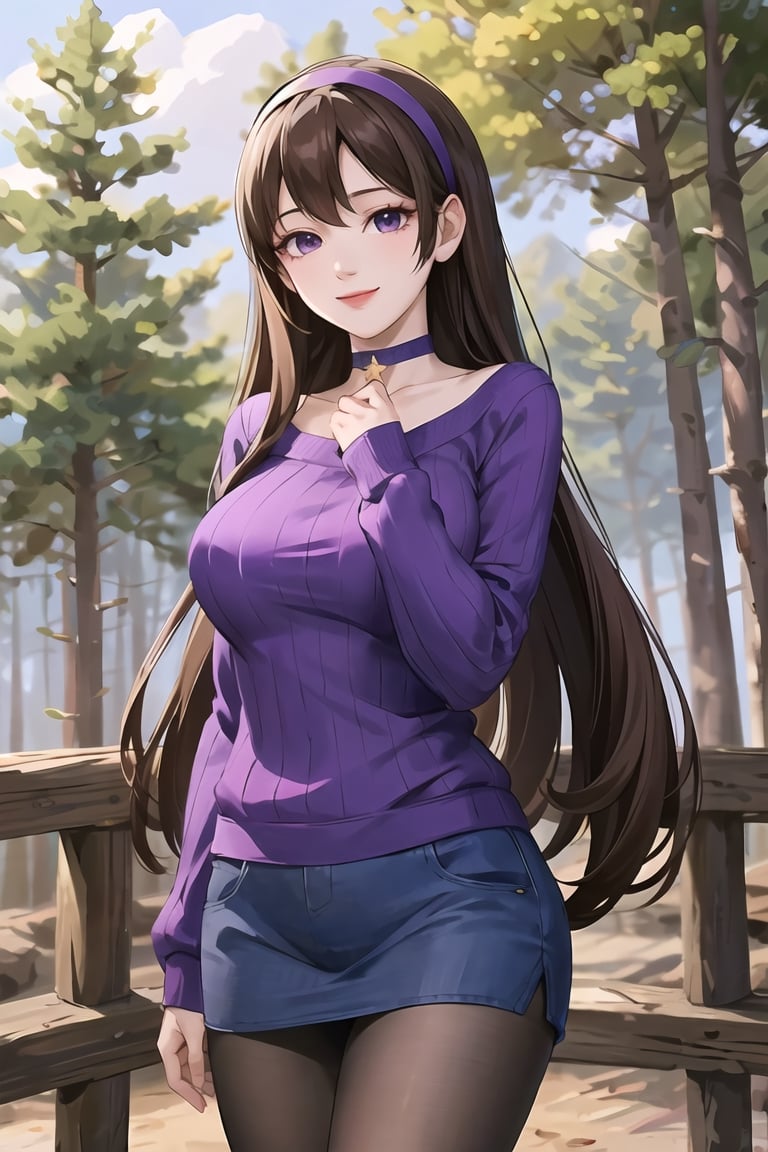 mabel pines, (masterpiece), (best_quality), sweater, 1girl,  blue_sweater, purple_sweater, standing, brown_hair, hairband, black_eyes, star_print, smile, very_long_hair, purple_hairband, choker, pantyhose, cowboy_shot, ribbed_sweater, Mabel Pines, outdoors, forest