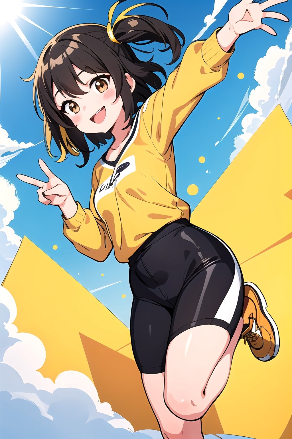 1girl, two-tone_hair blonde_hair black_hair, blonde hair, two side up, {roots_(hair)} , blush blush_stickers, striped, brown eyes, yellow clothes, brown footwear, smile, best quality, two_side_up, solo two-tone hair, action pose,