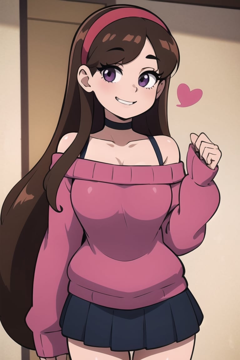 mabel pines, (masterpiece), (best_quality), off-shoulder_sweater, cute, 1girl, bare_shoulders, cable_knit, aran_sweater, pink_sweater, purple_sweater, standing, brown_hair, red_hairband, black_eyes, smile, very_long_hair, solo, hairband, heart_choker, purple_skirt, collarbone, cowboy_shot, bra_strap, ribbed_sweater, Mabel Pines