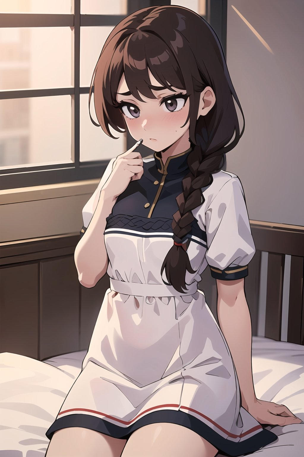 best quality, 1girl, (hair_stick:1.3), brown_hair,  kanzashi, ((long_braid, single_braid, braided_ponytail)), eyelashes, single braid, black_eyes, dark_eyes, nose, small_breasts, young, dress, nose_blush, hair_ornament