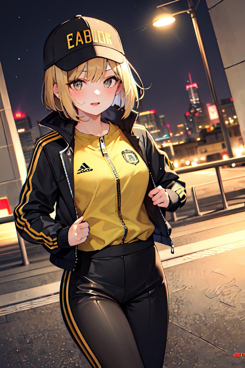 1girl, blonde_hair, cabbie_hat, yellow_headwear, bob_cut, black_eyes, evil, tracksuit, jacket, yellow_clothes, track_pants, solo, nature, night