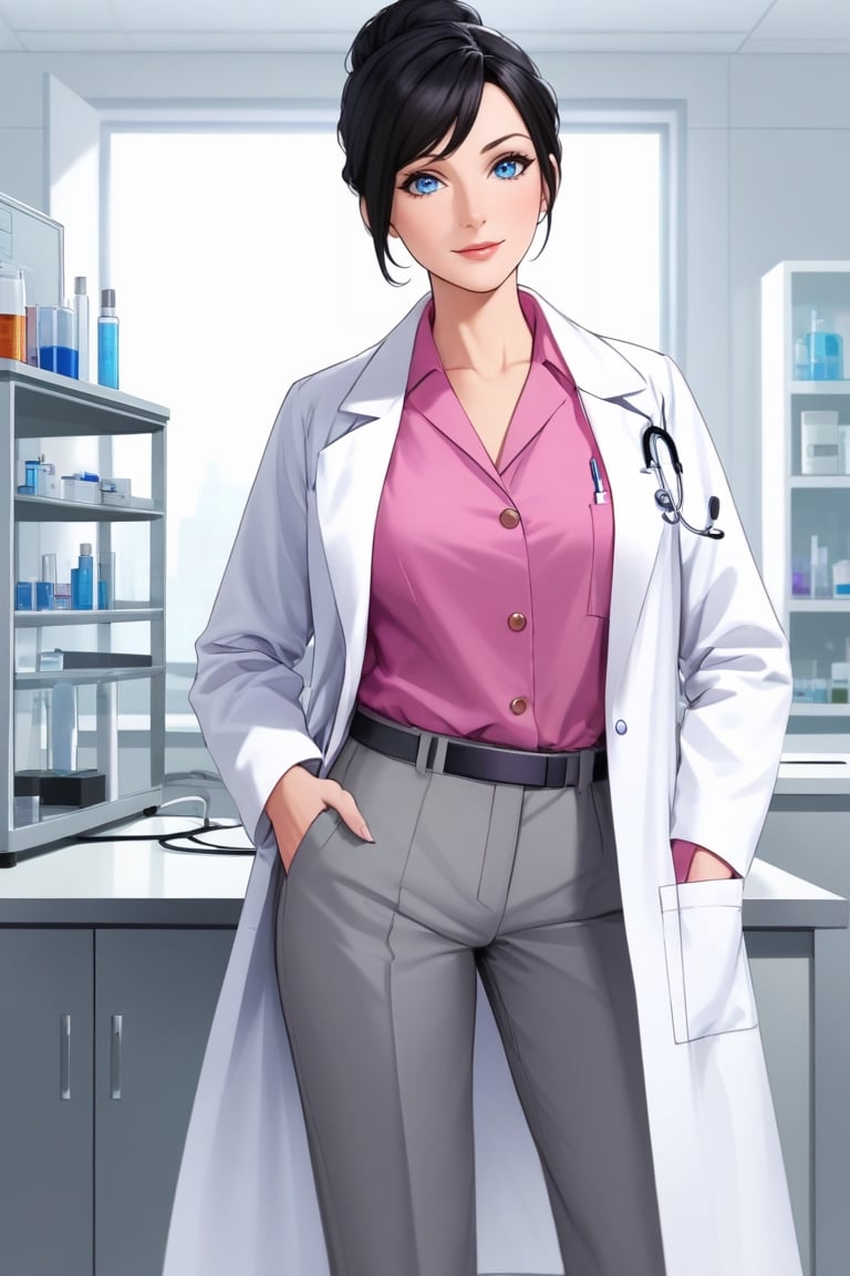 mature woman, 1girl, single hair bun, black hair, blue eyes, swept bangs, doctor, lab coat white coat, pink shirt, solo, standing, purple lipstick, grey pants