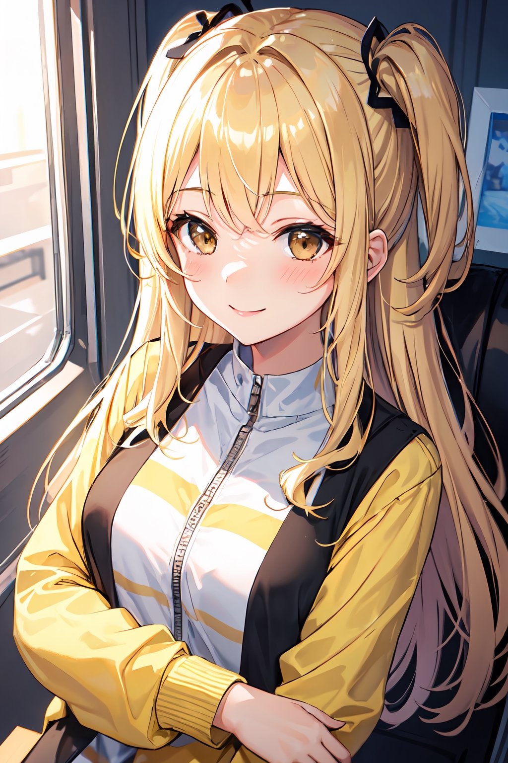 1girl, {blonde hair}, two side up, bolt print, blush, brown eyes, yellow clothes, brown clothes, smile, striped, best quality, black hair  two-tone hair  blonde hair