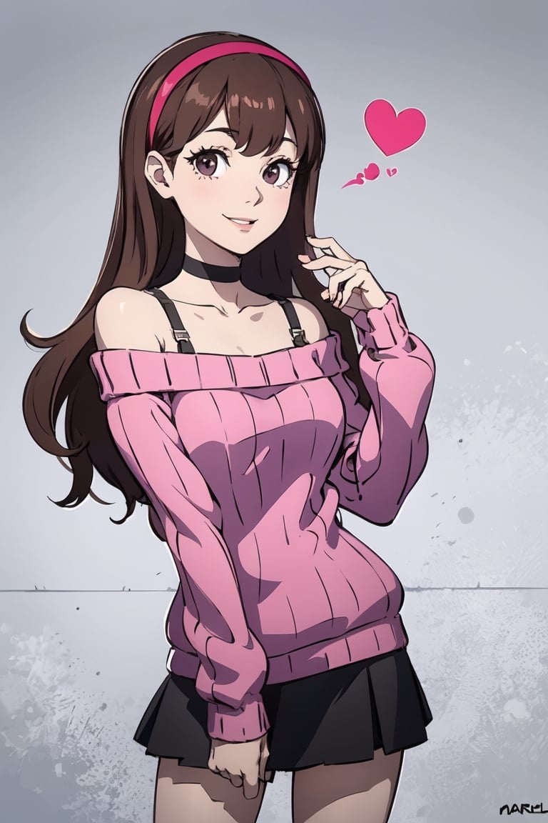 mabel pines, (masterpiece), (best_quality), off-shoulder_sweater, cute, 1girl, bare_shoulders, cable_knit, aran_sweater, pink_sweater, purple_sweater, standing, brown_hair, red_hairband, black_eyes, smile, very_long_hair, solo, hairband, heart_choker, purple_skirt, collarbone, cowboy_shot, bra_strap, ribbed_sweater, Mabel Pines