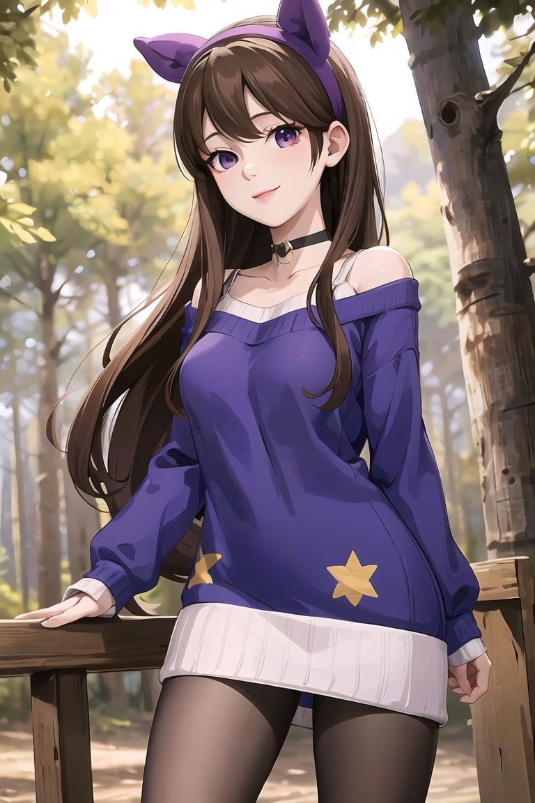 mabel pines, (masterpiece), (best_quality), sweater, 1girl,  cable_knit, aran_sweater, blue_sweater, purple_sweater, standing, brown_hair, hairband, black_eyes, star_print, smile, very_long_hair, solo, purple_hairband, choker, pantyhose, cowboy_shot, ribbed_sweater, Mabel Pines, outdoors, forest