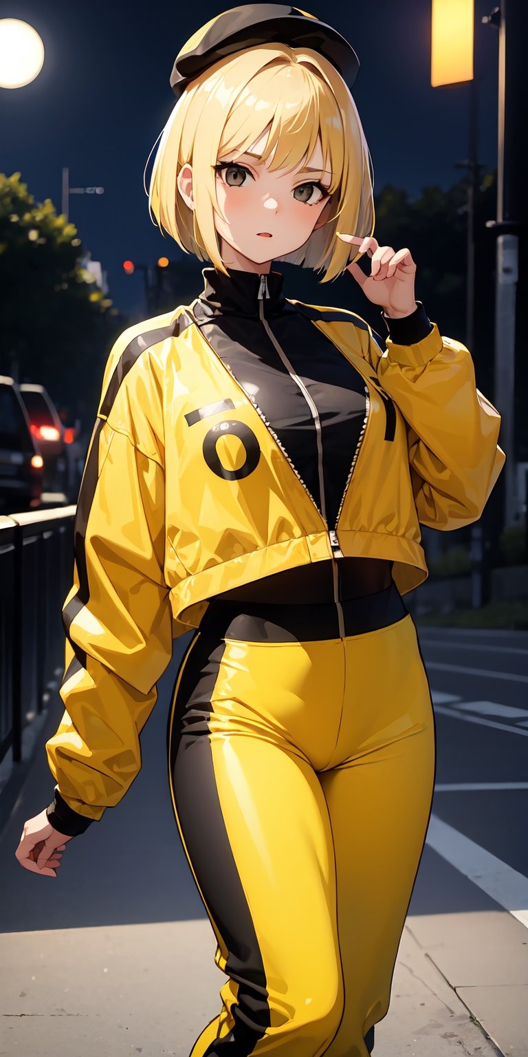 1girl,  blonde_hair,  cabbie_hat,  yellow headwear,  bob cut,  black eyes,  evil,  tracksuit,  jacket,  yellow clothes,  track pants,  solo,  nature,  night, (masterpiece), wallpaper,