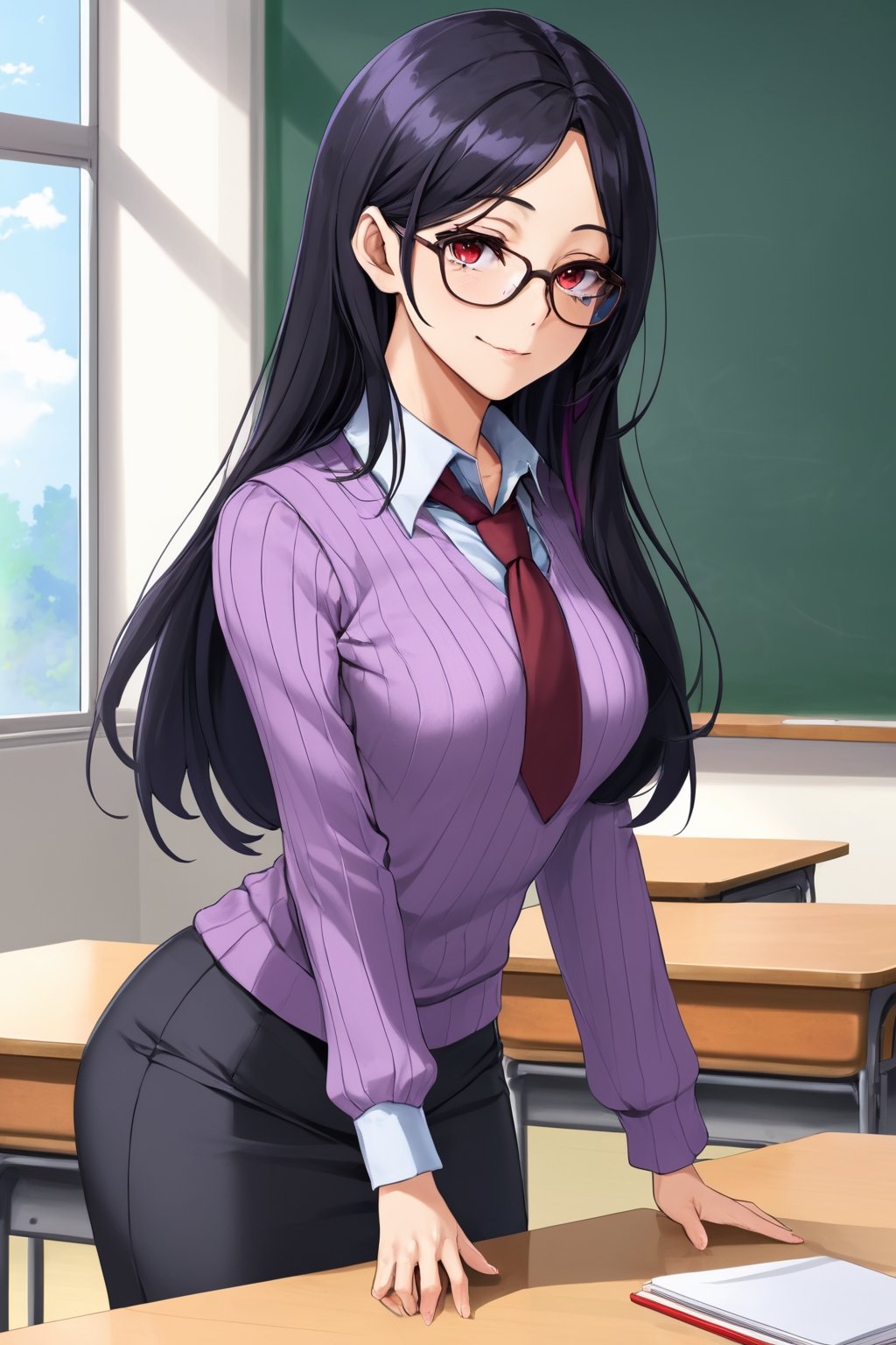 mature female, teacher, long black hair, glasses, multicolored hair, red eyes, purple sweater, small breasts, beautiful, classroom, sleeves pushed up, beautiful day, attractive, chalkboard, 1girl, female teacher, necktie, sfw, office lady, milf, detailed clothes,