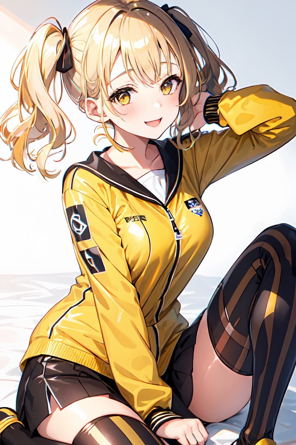 1girl, {blonde hair}, two side up, two-tone hair blonde hair black hair, roots_(hair) blonde hair ,bolt print, blush, brown eyes, yellow clothes, brown clothes, smile, striped, best quality, 