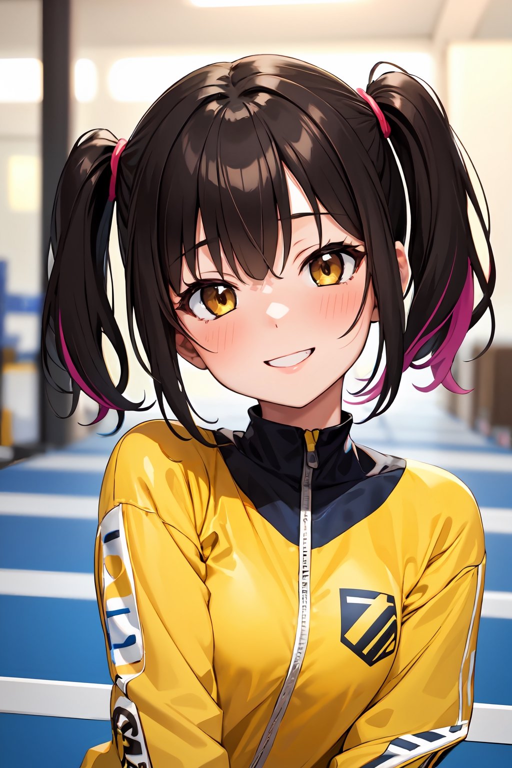 1girl, blonde hair, two side up, bolt print, blush, brown eyes, yellow clothes, brown clothes, colored tips, sports, smile, striped, best quality, multicolored hair black hair, twintails 