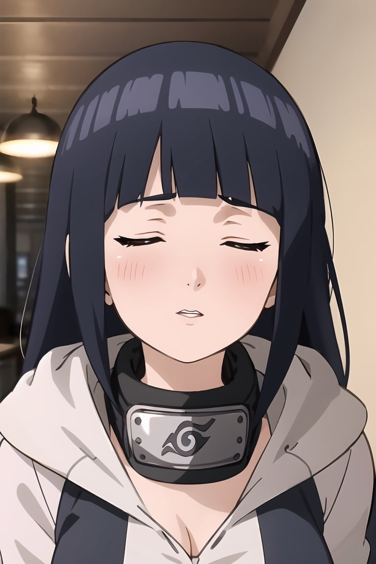 masterpiece, 1girl, (incoming_kiss), restaurant, close_up, hooded_cardigan, long_sleeves, beautiful, black_hair, closed_eyes,, indoors, cinematic lighting, hinata, atmospheric, blunt_bangs, blush, looking_at_viewer, pov kiss, kissing_viewer, long_hair, hinata\(shippuden\), headband around neck, breasts