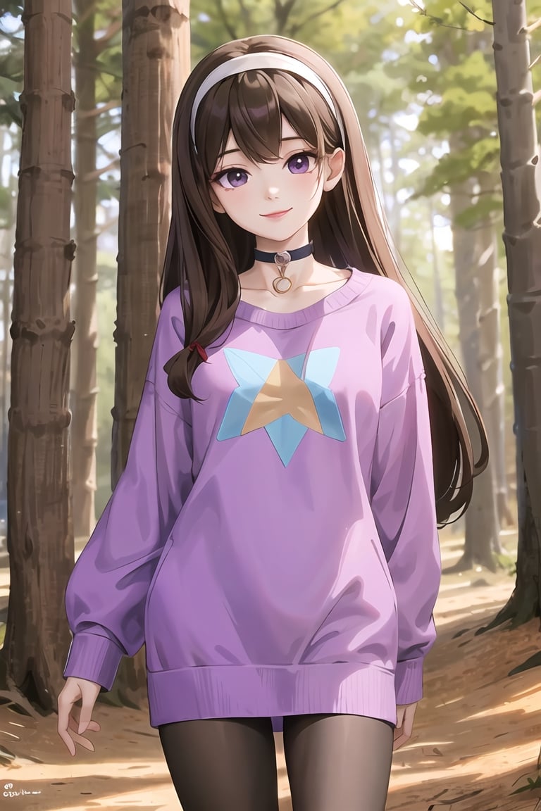 mabel pines, (masterpiece), (best_quality), sweater, 1girl,  blue_sweater, purple_sweater, standing, brown_hair, hairband, black_eyes, star_print, smile, very_long_hair, purple_hairband, choker, pantyhose, cowboy_shot, Mabel Pines, outdoors, forest