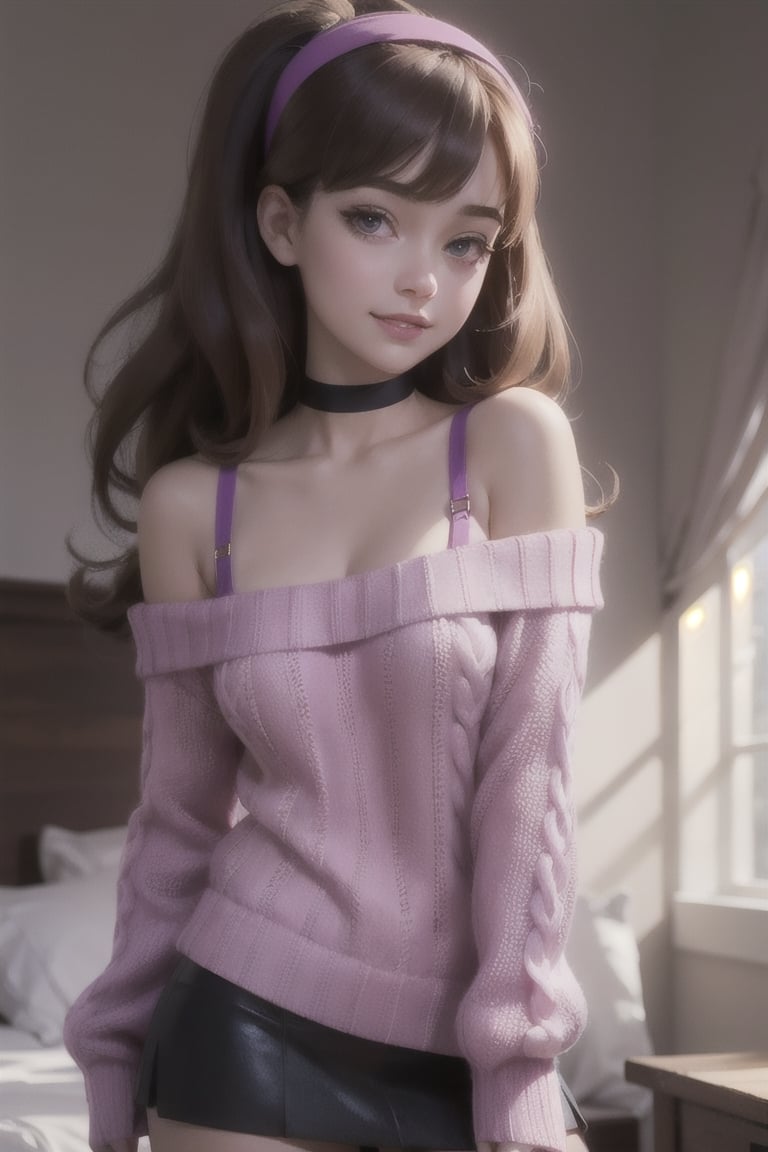 mabel pines, (masterpiece), (best_quality), off-shoulder_sweater, cute, 1girl, bare_shoulders, cable_knit, aran_sweater, pink_sweater, purple_sweater, standing, brown_hair, red_hairband, black_eyes, smile, very_long_hair, solo, hairband, heart_choker, purple_skirt, collarbone, cowboy_shot, bra_strap, ribbed_sweater, Mabel Pines