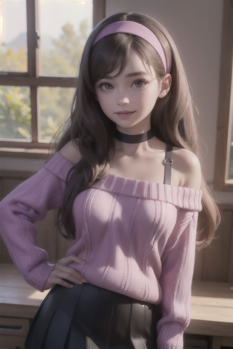 mabel pines, (masterpiece), (best_quality), off-shoulder_sweater, cute, 1girl, bare_shoulders, cable_knit, aran_sweater, pink_sweater, purple_sweater, standing, brown_hair, red_hairband, black_eyes, smile, very_long_hair, solo, hairband, heart_choker, purple_skirt, collarbone, cowboy_shot, bra_strap, ribbed_sweater, Mabel Pines