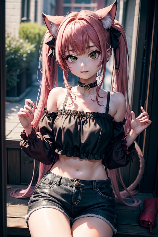  3dmm style, (masterpiece, best quality), intricate details, 1girl, cat girl, cat's tail, solo,  \ anime \), pink hair, two low pigtails , wearing . , black shorts , green shirt , top less ,two low pigtails ,  bra ,light green eyes , barefoot, cowboy shot, looking at viewer,yunyun