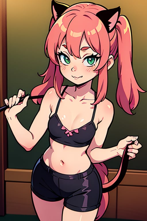  (masterpiece, best quality), intricate details, 1girl, cat girl, cat's tail, brown skin, solo,  \ anime \), pink hair, two low pigtails , wearing . , black shorts , green shirt , top less ,two low pigtails ,  bra ,light green eyes , barefoot, cowboy shot, looking at viewer,yunyun