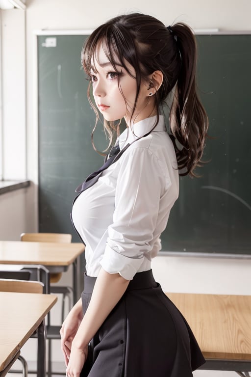 Skirtlift,8K RAW Photos, High Resolution, 17 Year Old Cool Korean, side view, Huge Round Breasts, School Uniform, Tie, Tie Ribbon, Blazer, Skirt, Beautiful Eyes in Every Detail, Long Eyelashes, large breasts, evil expession, Beautiful Thin Legs,  Wave Hair, Various Hairstyles, Earrings, School Classroom,wet shirt, wet body, wet hair, blushing:1.8,  bending over:1, sidedoggystyle, hayasaka ai