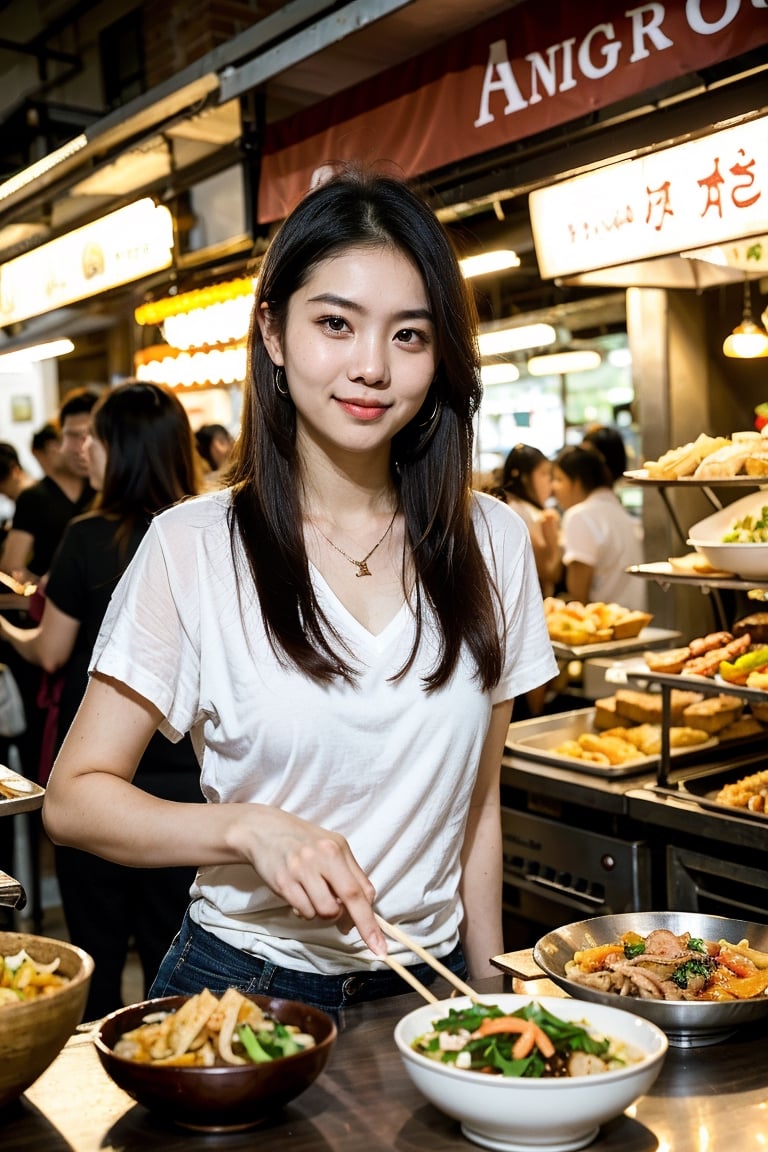 (8K, Ultra high res:1.1) Nguyen, an 18-year-old Vietnamese girl, embarks on a dynamic street food adventure. She indulges in a variety of delicious Vietnamese dishes while wearing a casual yet stylish outfit. Nguyen's captivating brown eyes, flawless complexion, and long black hair are highlighted in the high-resolution image. The vibrant street food stalls and the mouthwatering aroma of Vietnamese cuisine add to the energetic atmosphere, capturing Nguyen's love for culinary exploration and her youthful appetite for new experiences.
