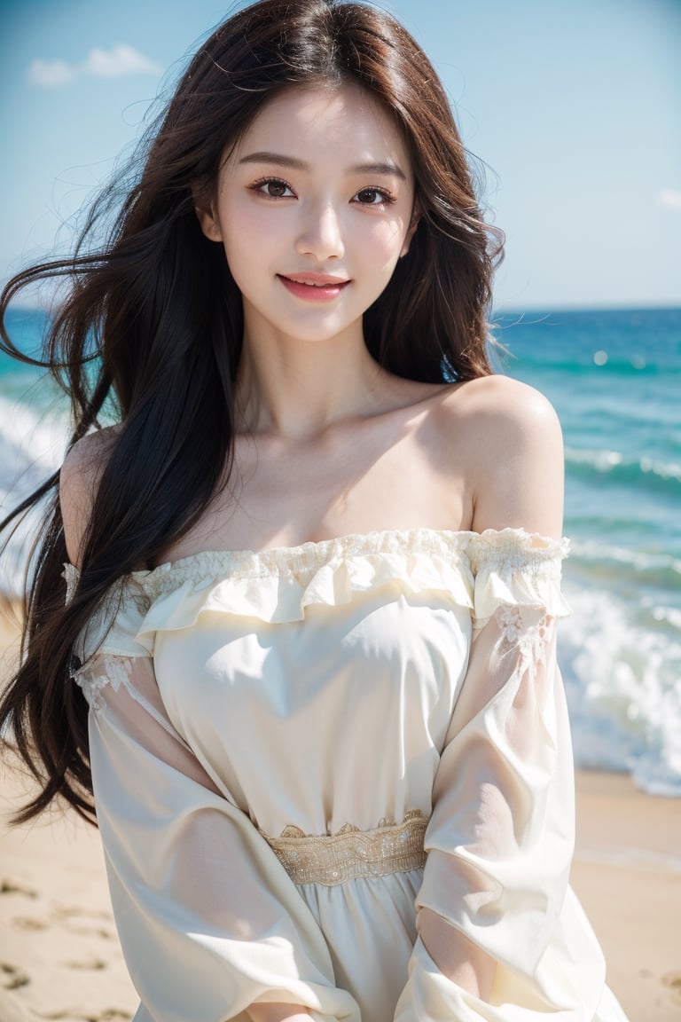8k, highest quality, ultra details, masterpiece, best quality, photorealistic, raw photo, 1girl, long hair, blouse, light smile, detailed skin, pore, off-shoulder, low key, dreamy beach scene.