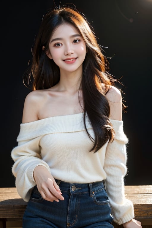 8k, highest quality, ultra details, masterpiece, photorealistic, raw photo, 1girl, long hair, blouse, light smile, detailed skin, pore, off-shoulder, low key, black background, Asha, urban city street.