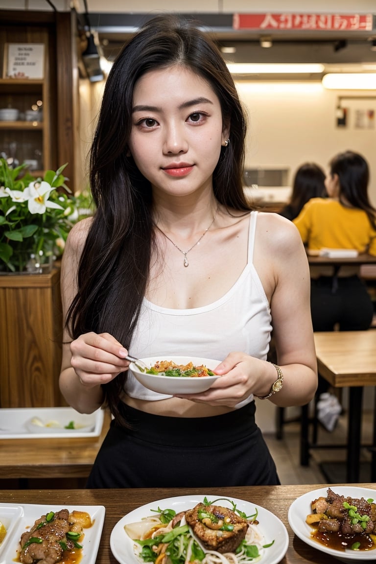 (8K, Ultra high res:1.1) Nguyen, an 18-year-old Vietnamese girl, embarks on a dynamic street food adventure. She indulges in a variety of delicious Vietnamese dishes while wearing a casual yet stylish outfit. Nguyen's captivating brown eyes, flawless complexion, and long black hair are highlighted in the high-resolution image. The vibrant street food stalls and the mouthwatering aroma of Vietnamese cuisine add to the energetic atmosphere, capturing Nguyen's love for culinary exploration and her youthful appetite for new experiences.