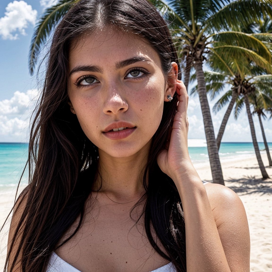 (8K, Ultra high res:1.1), 18yo, (Janette, enchanting Afrikaner young woman), enjoys the beauty of the African coast, dressed in a flowing white dress that complements the azure blue of the ocean. She stands on a sandy beach, her hair gently caressed by the ocean breeze. The high-resolution image captures ultra-detailed realism, highlighting Janette's captivating eyes, long eyelashes, and flawless complexion. The pristine beach, with its crystal-clear waters and swaying palm trees, adds to the tranquil beauty of the scene, showcasing Janette's affinity for the coastal landscapes of her Afrikaner heritage.,Masterpiece,photorealistic