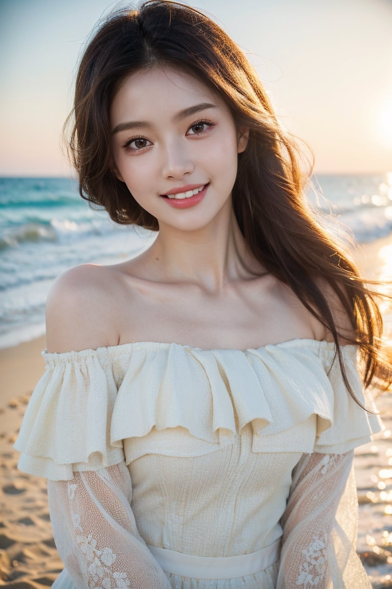 8k, highest quality, ultra details, masterpiece, best quality, photorealistic, raw photo, 1girl, long hair, blouse, light smile, detailed skin, pore, off-shoulder, low key, dreamy beach scene.