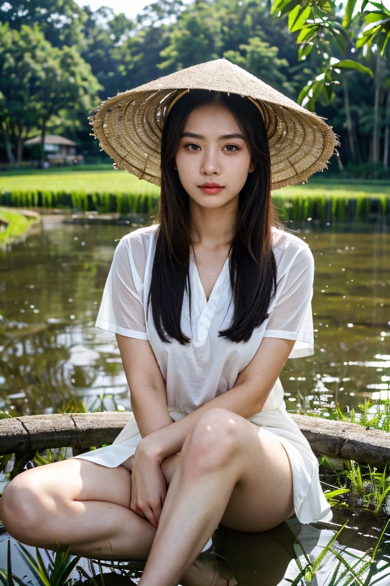 (8K, Ultra high res:1.1) Nguyen, an 18-year-old Vietnamese girl, stands amidst the serene beauty of a rice paddy field. She wears a traditional áo bà ba and a Non La (conical hat), symbolizing her connection to Vietnamese culture. The high-resolution image captures ultra-detailed realism, highlighting Nguyen's captivating brown eyes, flawless complexion, and long black hair. The lush green rice paddies and the gentle breeze create a tranquil ambiance, emphasizing Nguyen's appreciation for nature and her Vietnamese heritage.