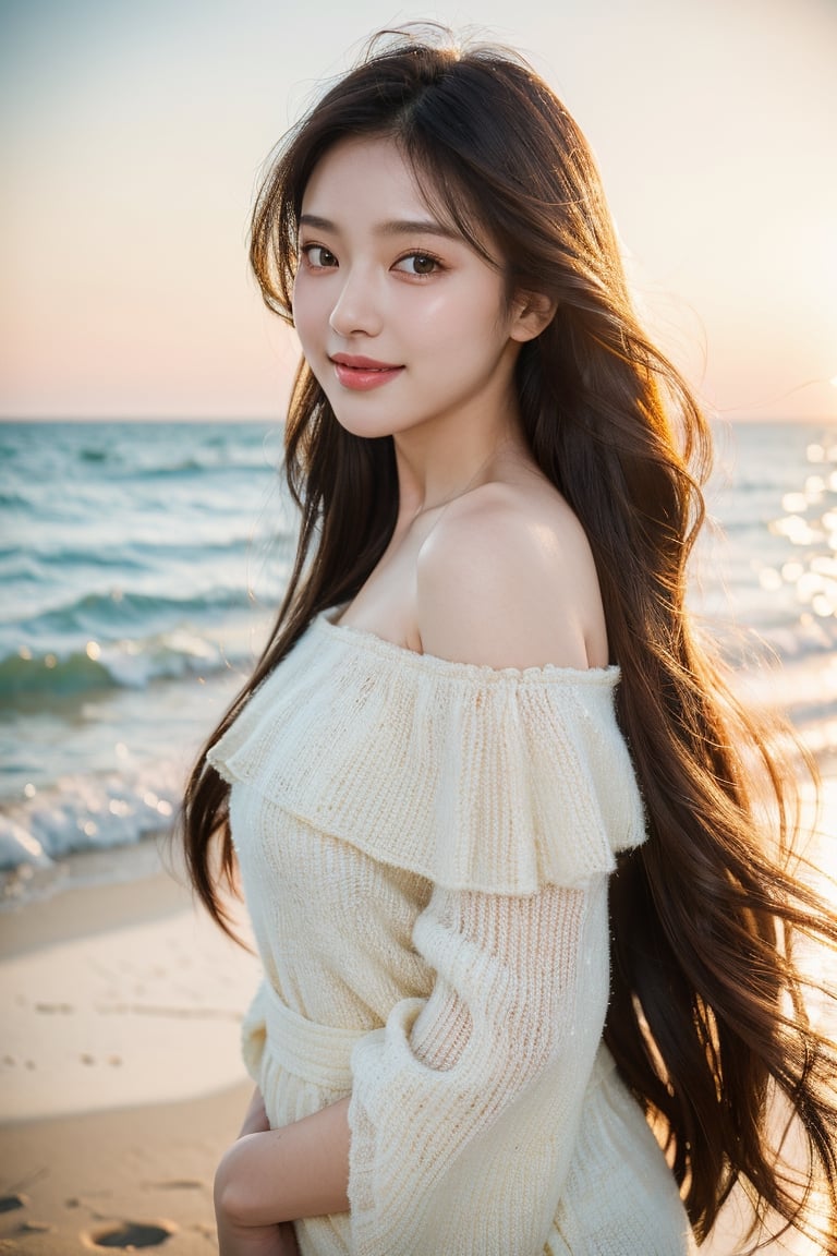 8k, highest quality, ultra details, masterpiece, best quality, photorealistic, raw photo, 1girl, long hair, blouse, light smile, detailed skin, pore, off-shoulder, low key, dreamy beach scene.