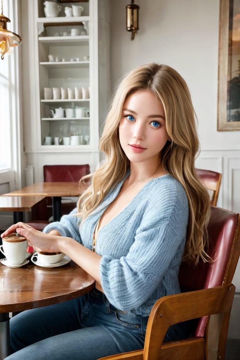 (8K, Ultra high res:1.1) Claire, a stunning European-American woman in her late 20s, enjoys a delightful encounter at a charming cafe. She wears a chic Blouse with High-Waisted Jeans, showcasing her effortless style. The high-resolution image captures ultra-detailed realism, highlighting Claire's captivating blue eyes, porcelain complexion, and flowing blonde hair. The cozy cafe with its artistic decor and steaming cups of coffee adds to the intimate atmosphere, creating a visually captivating representation of Claire's European sophistication.