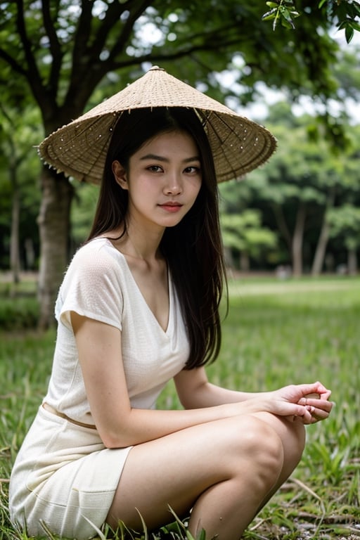 (8K, Ultra high res:1.1) Nguyen, an 18-year-old Vietnamese girl, stands amidst the serene beauty of a rice paddy field. She wears a traditional áo bà ba and a Non La (conical hat), symbolizing her connection to Vietnamese culture. The high-resolution image captures ultra-detailed realism, highlighting Nguyen's captivating brown eyes, flawless complexion, and long black hair. The lush green rice paddies and the gentle breeze create a tranquil ambiance, emphasizing Nguyen's appreciation for nature and her Vietnamese heritage.
