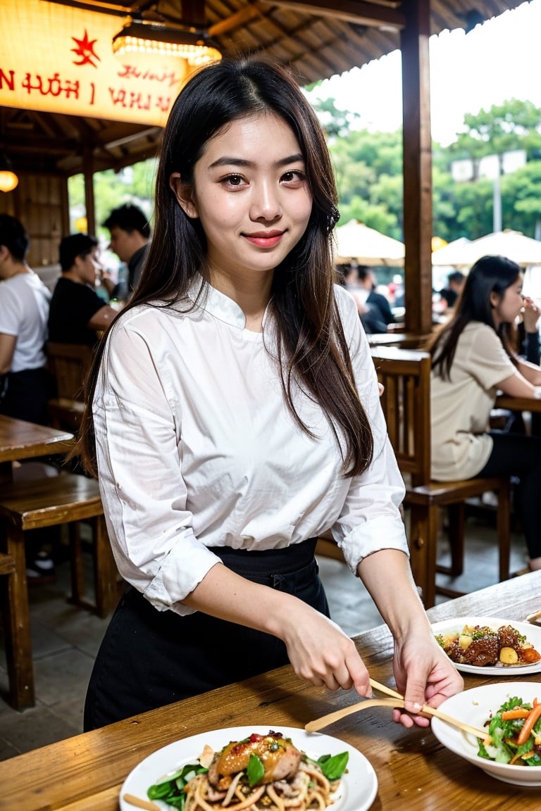 (8K, Ultra high res:1.1) Nguyen, an 18-year-old Vietnamese girl, embarks on a dynamic street food adventure. She indulges in a variety of delicious Vietnamese dishes while wearing a casual yet stylish outfit. Nguyen's captivating brown eyes, flawless complexion, and long black hair are highlighted in the high-resolution image. The vibrant street food stalls and the mouthwatering aroma of Vietnamese cuisine add to the energetic atmosphere, capturing Nguyen's love for culinary exploration and her youthful appetite for new experiences.