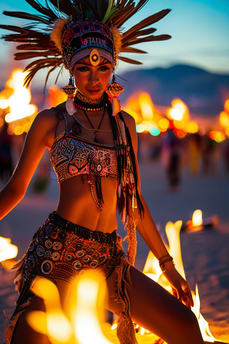 editorial style photo reportage, wide-angle camera lens, full visible figure of a stunning flirty woman, dressed tribal and futuristic, tribal makeup, while dancing at a bonfire during the-burning-man festival, highly detailed, cinematic light, --ar 17:22 --q 2 --s 750 --c 4 --v 5