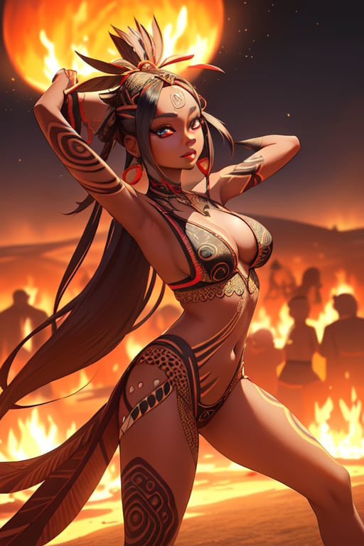 editorial style photo reportage, wide-angle camera lens, full visible figure of a stunning flirty woman, dressed tribal and futuristic, tribal makeup, while dancing at a bonfire during the-burning-man festival, highly detailed, cinematic light, --ar 17:22 --q 2 --s 750 --c 4 --v 5