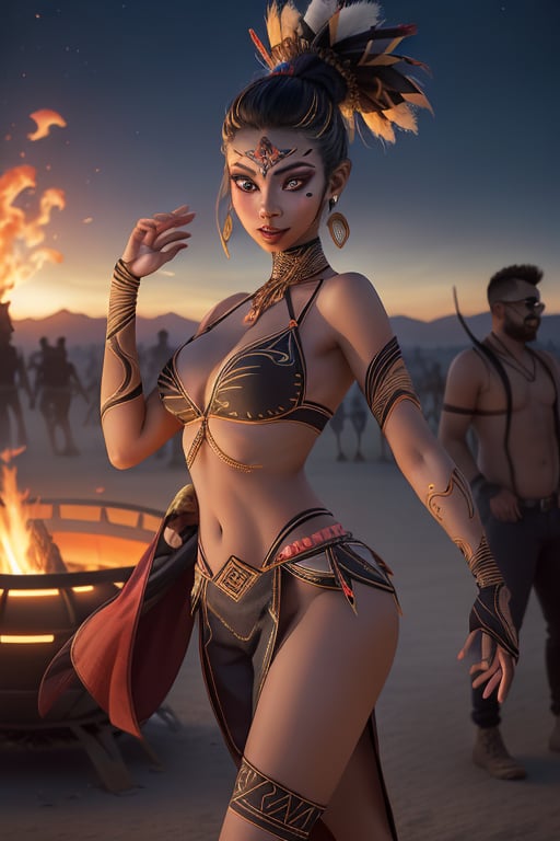 editorial style photo reportage, wide-angle camera lens, full visible figure of a stunning flirty woman, dressed tribal and futuristic, tribal makeup, while dancing at a bonfire during the-burning-man festival, highly detailed, cinematic light, --ar 17:22 --q 2 --s 750 --c 4 --v 5