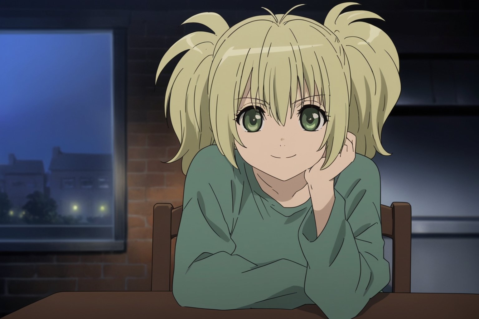 Visual Anime, masterpiece, best quality, @Cal, solo, blonde hair, twintails, looking at viewer, deep smile, green eyes, Cal aqua shirt, long sleeve, loose aqua shirt, happy, smile, upper body, indoors, dining room, sit, chair, table, windows, brick_wall, curtain, head rest, blurry, blurry background, anime_screencap, fake_screenshot, night, orange light, Cal Devens, kids ver, Cal Devens Kids-Ver,