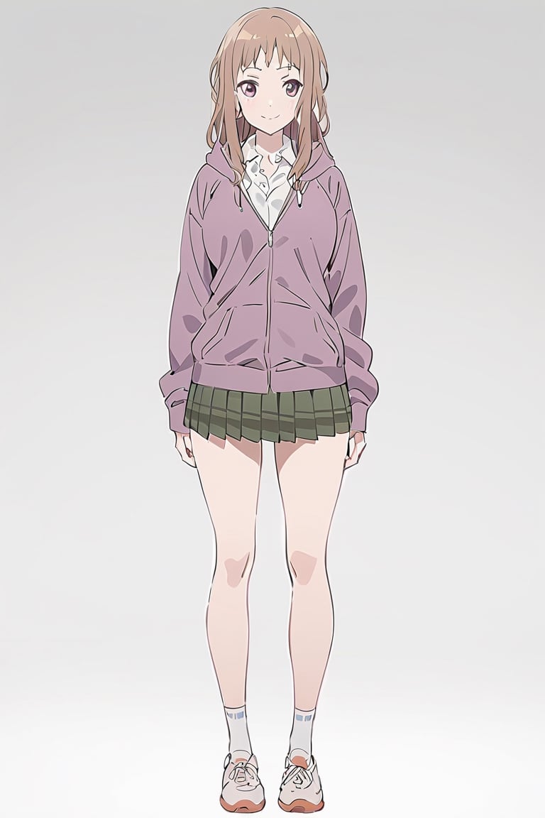 Visual Anime, masterpiece, best quality, @Komiya, Komiya_Ena, 1girl, solo, breasts, 20 y.o, brown hair, smile, closed mouth, white collar shirt, Pastle Purple Jaket, hood, Green_Skirt, white background, fullbody, standing, shoes, white sock, clean background, long shoot,