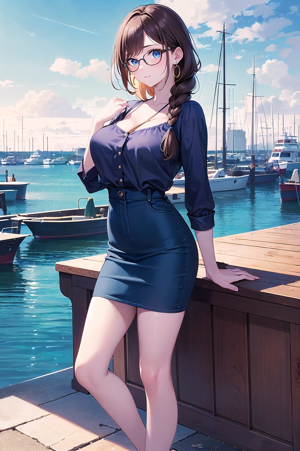 (masterpiece,more detail:1.1, best quality:1.3), (harbor:1.3), blue theme, 1girl, solo, bangs, brown hair, blue eyes, one braid, closed mouth, earrings, eyebrows visible through hair, glasses, big breasts, skinny, full body, medium shoot, casual outfit, blue sky, clouds, wallpaper