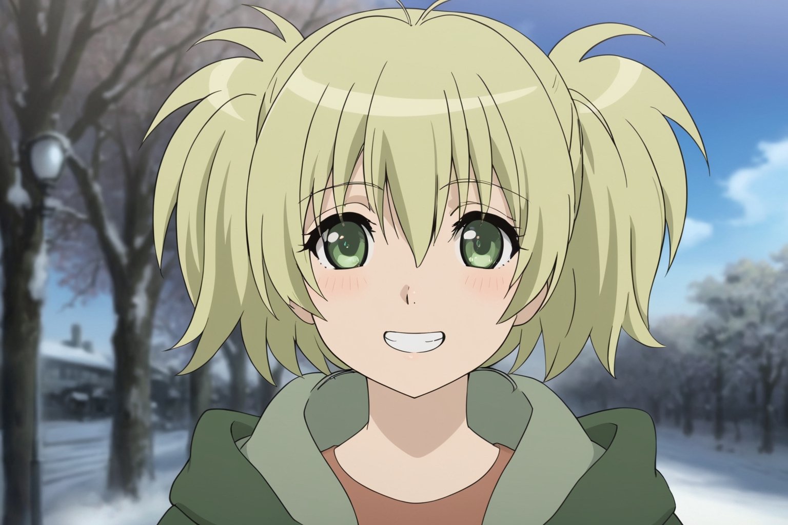 Visual Anime, masterpiece, best quality, @Cal, 1girl, solo, twintails, short twintails, looking at viewer, blush, green eyes, Cal green long coat, cal main outfit, happy, mischievous smile, teeth, open mouth, blonde hair, outdoors, dark, dawn dark blue sky, blurry, tree, snow, blurry background, anime_screencap, fake_screenshot, snow crystal, Cal Devens, grin, Extreme detailed, masterful, dynamic lighting, shirt, blue sky, cloud, winter sky, overcast, street lamp, solo, upper body, outdoors, Cal Devens, Cal Devens Kids-Ver, snow particle, falling snow,