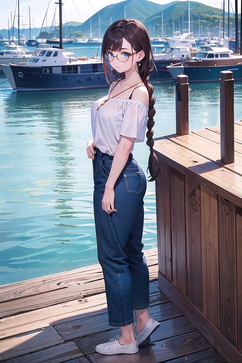 (masterpiece,more detail:1.1, best quality:1.3), (harbor:1.3), blue theme, 1girl, solo, bangs, brown hair, blue eyes, one braid, closed mouth, earrings, eyebrows visible through hair, glasses, medium breasts, skinny, full body, medium shoot, casual outfit,