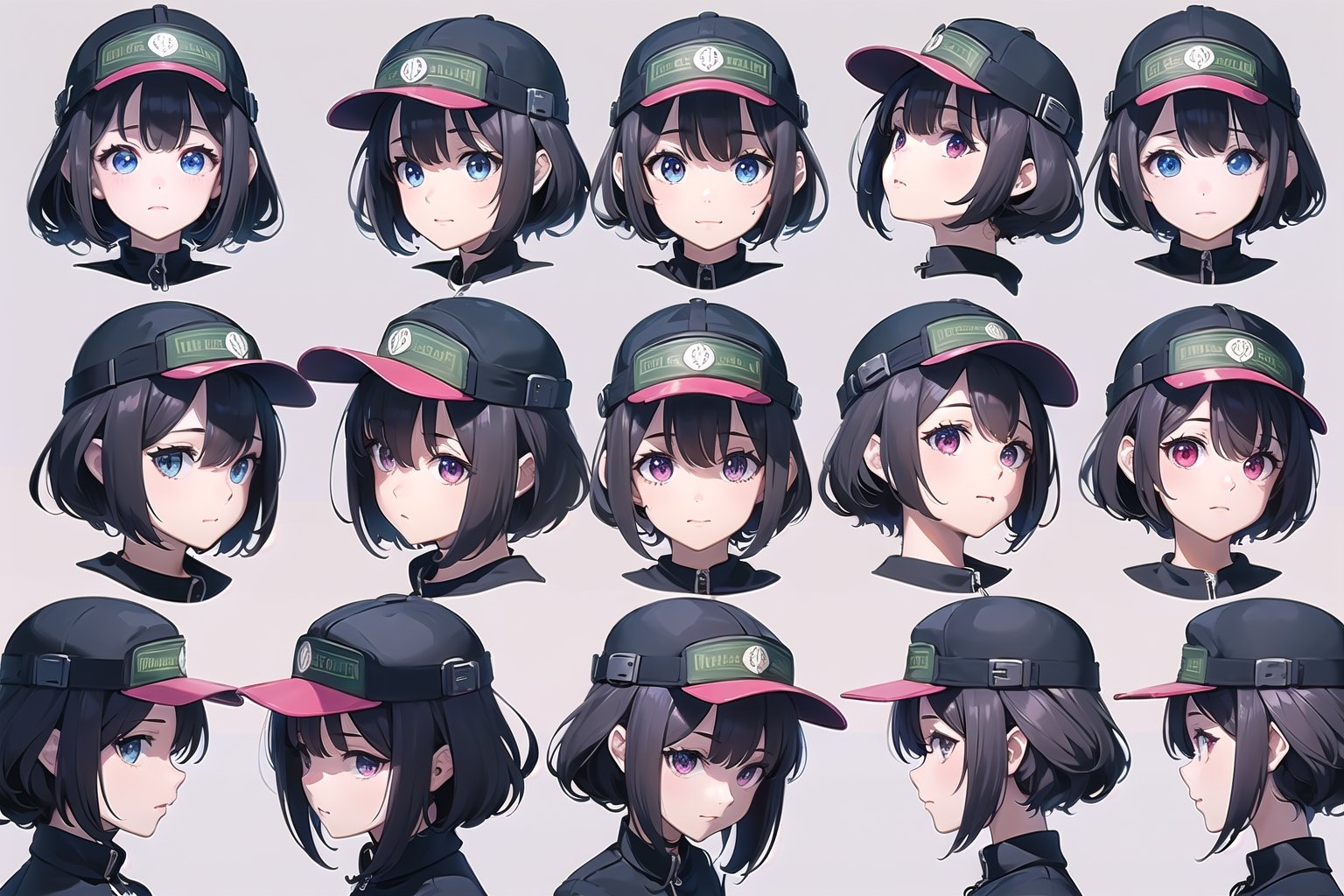 (design character sheet, girls same face in one picture , loli, knee up pose, youngest,same
face, different pose) sort pixie hair, messy hair, {{{dynamic hair}}}, {{visor caps}}, {{{different
angle (up, down, left, right back view, back facing, sideways}}}, {different expression}}, different point of view, optimal arrange, {{there is space}}, do not overlap, grey flat
background, {{not cut of}}, margin 2 space, dinamyc angle, {illustration}, {extremely detailed
CG unity 8k wallpaper}, {unity CG 8K wallpaper}, beautiful detailed,cinematic angle, finely
detailed, {{{cute}}}, (beautiful detailed eyes), best shadow, dynamic light, {{ultra detailed}}, {{{black_color_hair}}, {short_hair}, {{{red eyes}}}, {{masterpiece}}, {{best quality}}, {ultra- detailed}, {best illustration}, {an extremely delicate and beautiful}, {cinematic light}, (3/4
waist up pose) , perfect finger, {{(expressionless)}}, trial_typeKOF, cyborg head, Perfect
Finger, perfect anatomy, perfect arm, perfect hand, charachter sheet, concept art, multiple
views of the same character, flat white background, no cropping, {{{{{masterpiece character
design reference sheet}}}}},