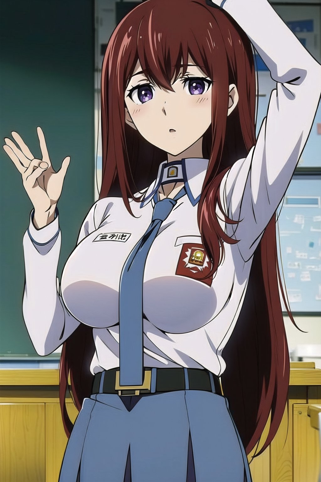 (masterpiece, Visual_Anime, screencap, more detail:1.1,  best quality:1.3),  (classroom:1.3),  highres,  detailed background, Makise_Kurisu,  1girl, solo, long hair, looking at viewer, blush, bangs, purple eyes, Karakter Anime Pake Baju SMA, blue skirt,  (((blue necktie))), hair between eyes, open mouth, white shirt, upper body, standing, kneehighs, red hair, parted lips, Lambang Osis SMA, black belt, hand up, classroom, blurry, blurry background, sunlight, mature,  large breasts, looking at viewer,  open mouth
BREAK 
(long white sleeve:1.2), upper body,  shiny hair,  anime color, indoor, Anime,