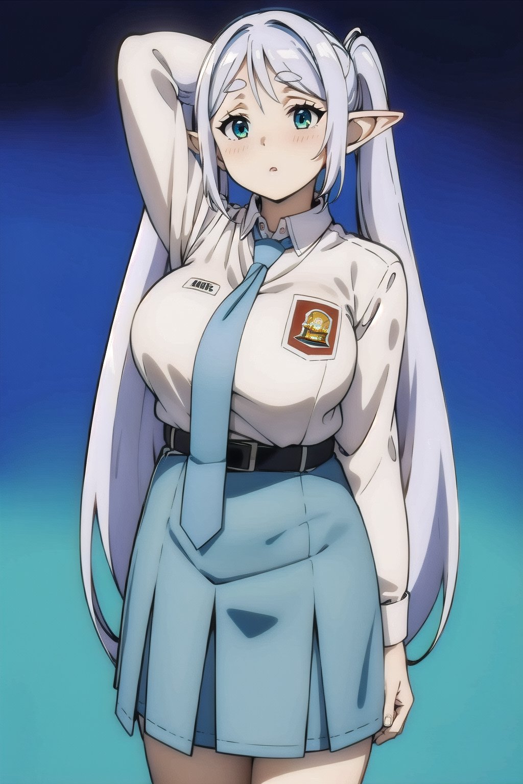 (masterpiece,  Visual_Anime,  more detail:1.1,  best quality:1.3),  (simple background:1.3),  highres,  detailed background,  1girl, elf, solo,  twintails,  looking at viewer,  blush,  green eyes, thick eyebrows,  Karakter Anime Pake Baju SMA,  blue skirt,  (((blue necktie))),  parted bangs,  open mouth,  white shirt,  upper body,  standing,  kneehighs, long hair, white hair,  parted lips,  Lambang Osis SMA,  black belt,  blue flat background,  mature,  large breasts,  looking at viewer,  open mouth
BREAK
(long white sleeve:1.2),  shiny hair,  anime color,V